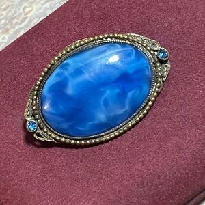 1920’s Made In Czechoslovakia Blue Mottled Glass And Paste Stone Brooch/Pin